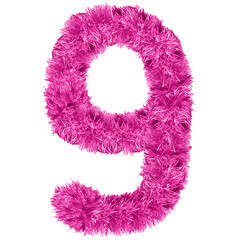 number 9 made from New Year's tinsel, isolated Christmas tinsel, tinsel garland