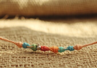 Elegant Threaded Bracelet with Colorful Charms on Textured Fabric in Warm Light Setting