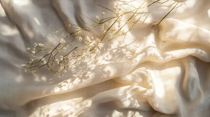 The wedding textile background features an aesthetic boho aesthetic, a draped neutral beige linen texture, and an abstract floral sunlight shadow.