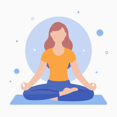 A woman is sitting on a mat and meditating. Concept of calmness and relaxation