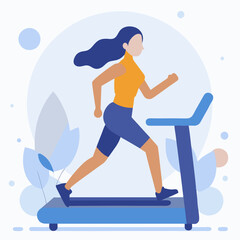 A woman is running on a treadmill. The image has a bright and energetic mood, with the woman's movements and the colorful outfit she is wearing. The background features a plant