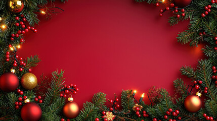 Festive holiday background with vibrant red backdrop, adorned with lush green pine branches, red berries, and sparkling ornaments