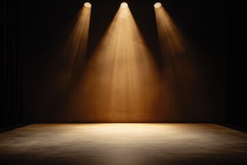 A dark stage illuminated by three beams of spotlight, creating a dramatic atmosphere for performances and presentations.