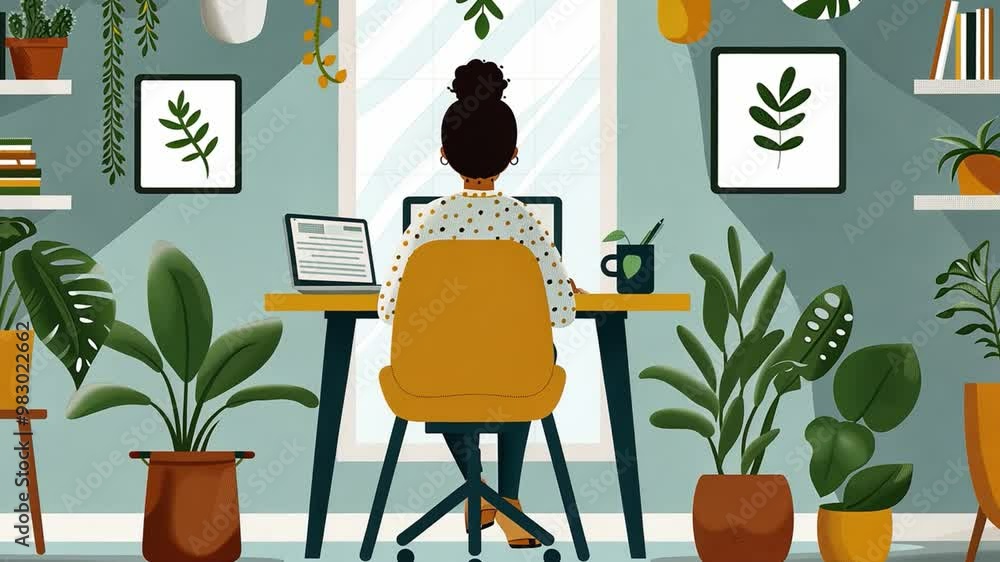 Poster the workspace features a woman at a desk, focused on her laptop. she is surrounded by various housep