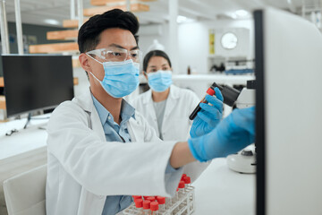 Reading, blood test and man on computer for science breakthrough, clinical trial or discovery. DNA vial, medical mask and scientist checking results for vaccine research, mpox cure or development