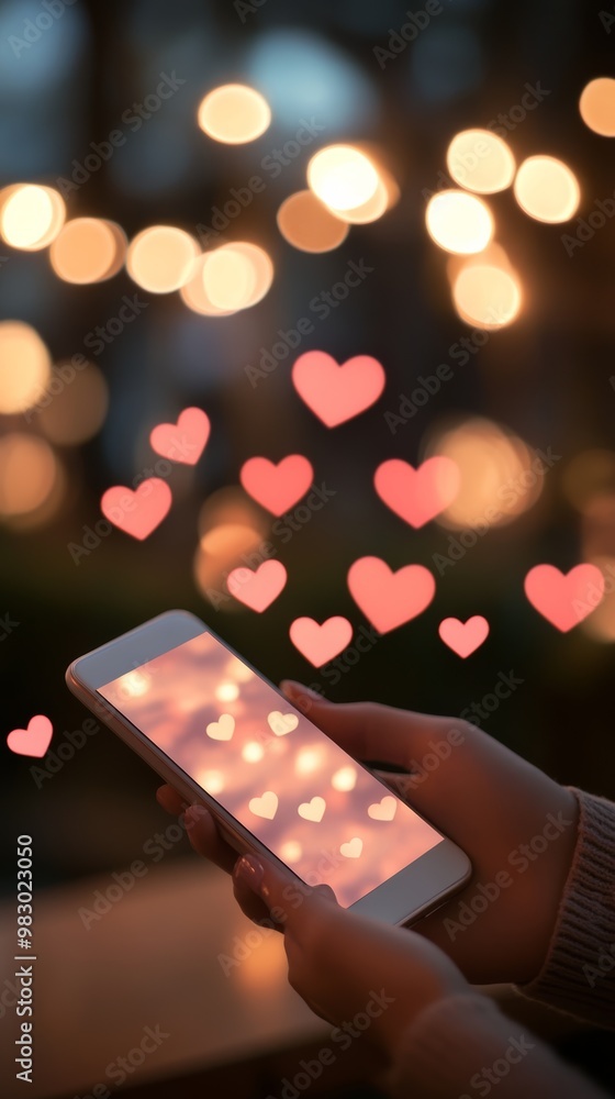 Poster woman using smartphone with heart icons floating from the screen, ideal for social media connectivit