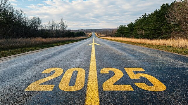  A long, empty asphalt road leads into the distance, with the yellow numbers "2025" written on it and an arrow pointing forward
