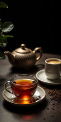 Fototapeta premium a glass cup of tea and teapot with some tea leaves, on a wooden table, isolated on a dark vertical background