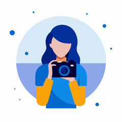 A woman is holding a camera and taking a picture. Concept of capturing a moment in time and the importance of preserving memories. Scene is lighthearted and fun