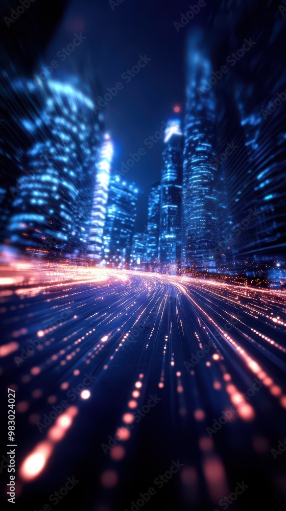 Poster abstract cityscape with vibrant lights creating dynamic lines and movement at night.