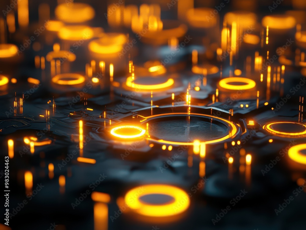 Poster abstract glowing digital interface with orange circles and lines on a dark background.