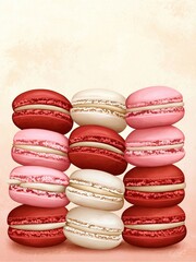 Stack of red, white, and pink macarons against a soft beige background.