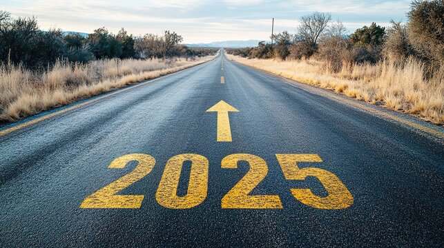  A long, empty asphalt road leads into the distance, with the yellow numbers "2025" written on it and an arrow pointing forward
