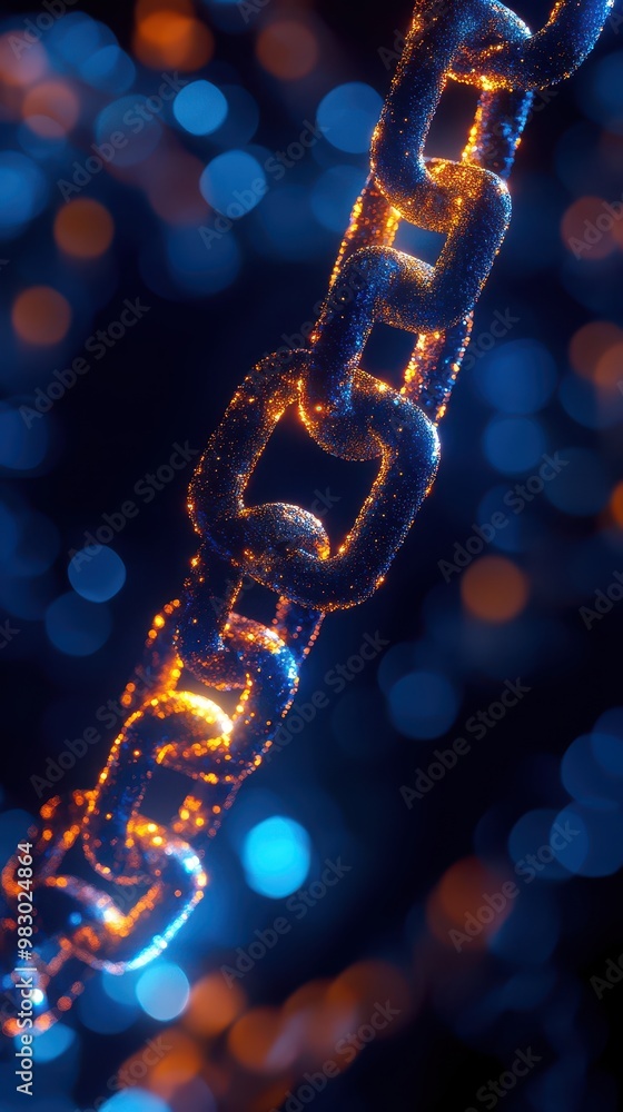 Poster close-up of a glowing metallic chain link against a bokeh background.