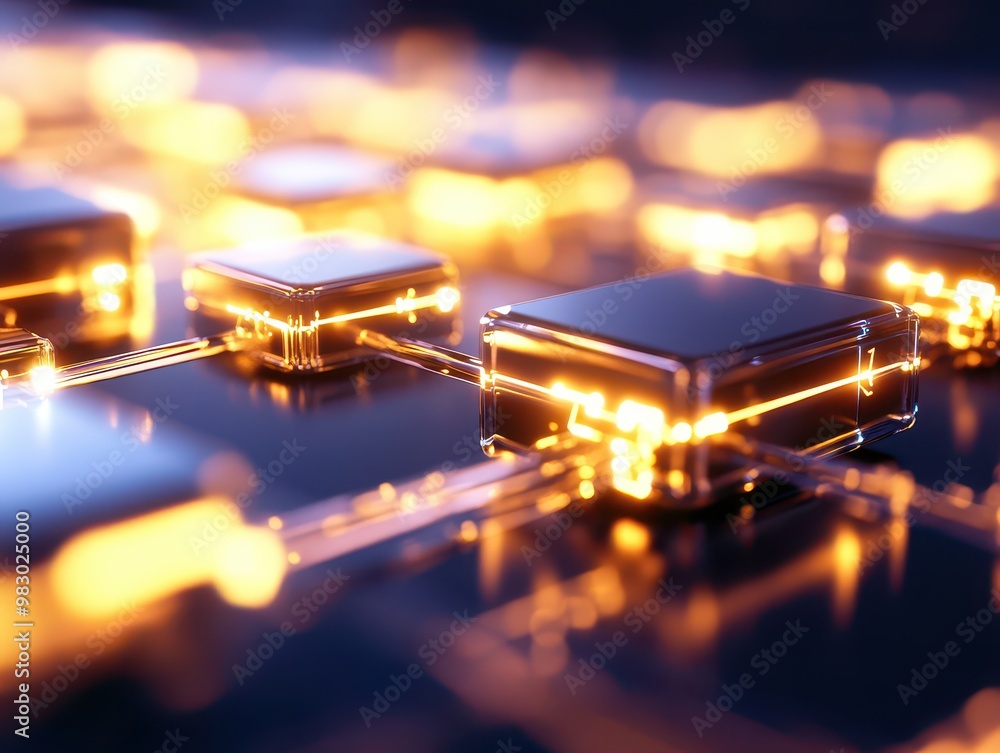 Poster close-up of glowing microchips and circuits with a futuristic design, isolated on a dark background.