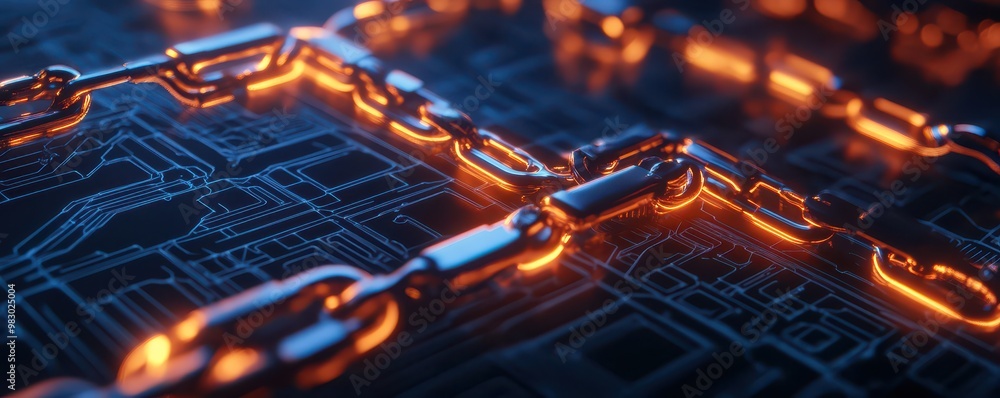 Poster close-up of glowing digital chain links on a circuit board background, highlighting advanced technol