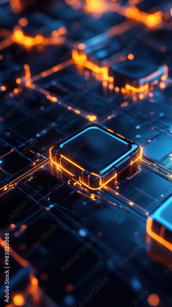 Poster close-up of glowing microchips on a circuit board, creating a futuristic and digital atmosphere.