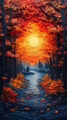 Autumn Fall Color Colorful Leaves Leaf Trees Forest Stroll Paper Cut Phone Mobile Wallpaper Background Illustration