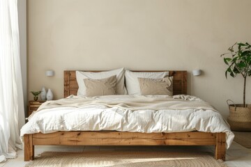 A large wooden bed with white pillows and a white comforter,generative ai image