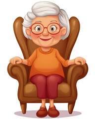 Cheerful elderly woman with glasses sitting in a comfortable armchair. Concept of warmth, wisdom, and happiness in old age.