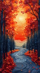 Autumn Fall Color Colorful Leaves Leaf Trees Forest Stroll Paper Cut Phone Mobile Wallpaper Background Illustration