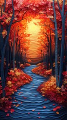 Autumn Fall Color Colorful Leaves Leaf Trees Forest Stroll Paper Cut Phone Mobile Wallpaper Background Illustration