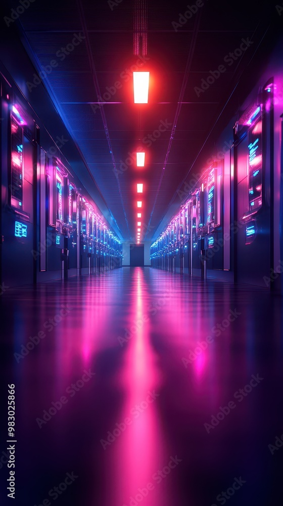 Poster futuristic data center hallway illuminated with vibrant neon lights, creating a unique digital atmos