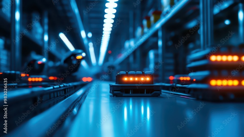 Aufkleber futuristic warehouse with automated robots and bright led lights in a high-tech environment.