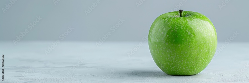Poster minimalistic image of a fresh green apple on a bright white background with ample copy space highlig