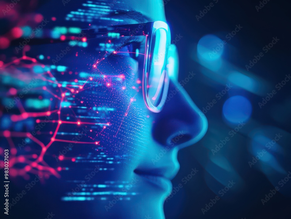 Poster profile of a person with digital data overlay, representing technological innovation and artificial 