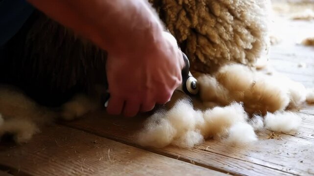 Shearing sheep for wool in a rustic barn during