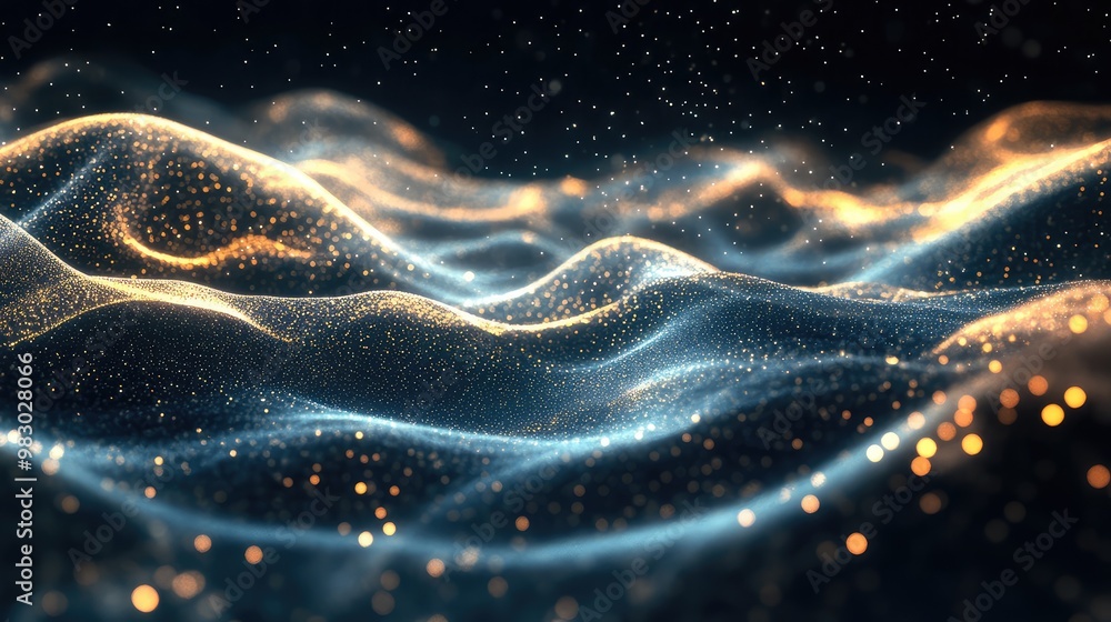 Poster abstract floating 3d lines of liquid light, softly glowing in a dark space.
