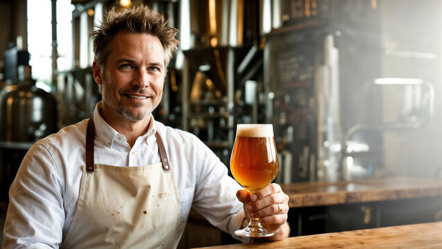Smiling Brewer Holding a Glass of Beer in a Brewery