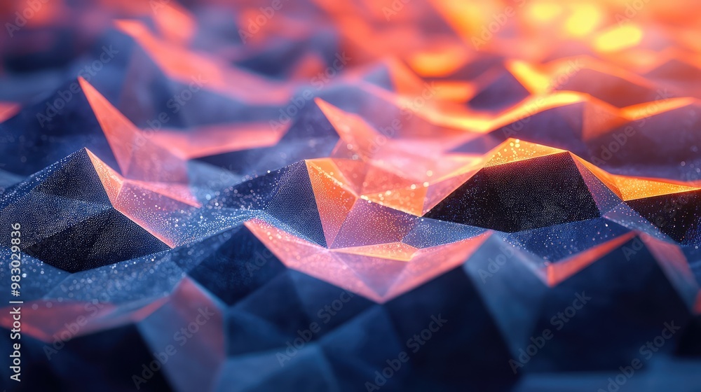 Poster complex 3d geometric patterns with interlocking polygons, glowing softly.