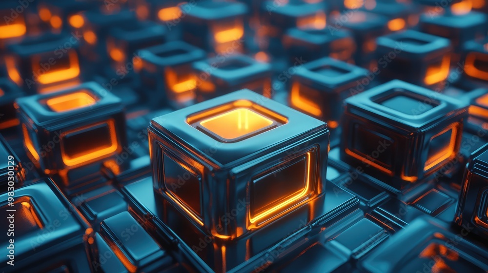 Poster floating 3d cubes with hollow centers, stacked in a glowing grid pattern.