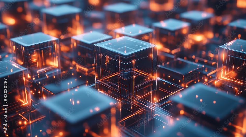 Aufkleber floating 3d cubes with hollow centers, stacked in a glowing grid pattern.