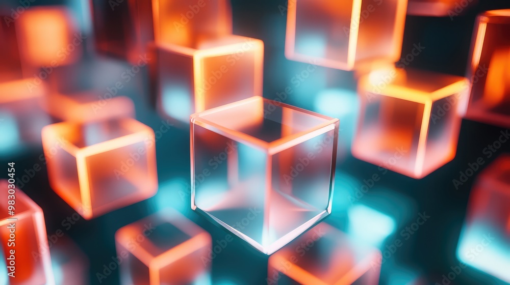 Aufkleber floating 3d cubes with hollow centers, stacked in a glowing grid pattern.