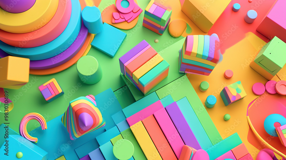 Poster Abstract background with colorful 3D shapes scattered in geometric composition