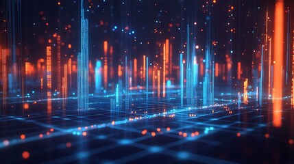Obraz premium Vibrant Data Visualization: Financial and Technological Analytics with Neon Grid Highlights