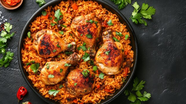 Chicken kabsa - homemade arabian rice, top view