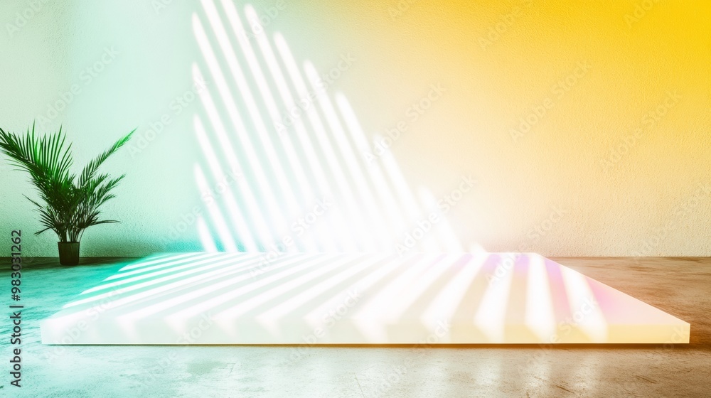 Poster futuristic neon light beams casting vivid shadows on smooth white surface in minimalist setting