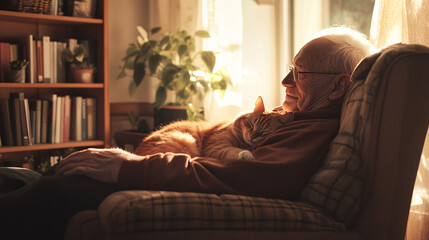 Obraz premium Senior Man Relaxing with Cat in Sunlight
