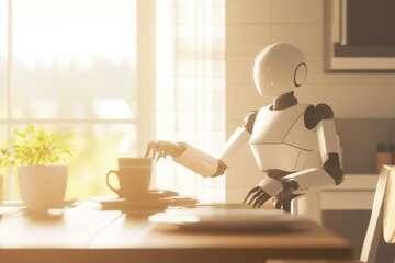 Friendly Robot Assisting with Household Tasks in Sunlit Kitchen - AI Technology and Modern Living