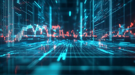 Obraz premium Vibrant Data Visualization: Financial and Technological Analytics with Neon Grid Highlights