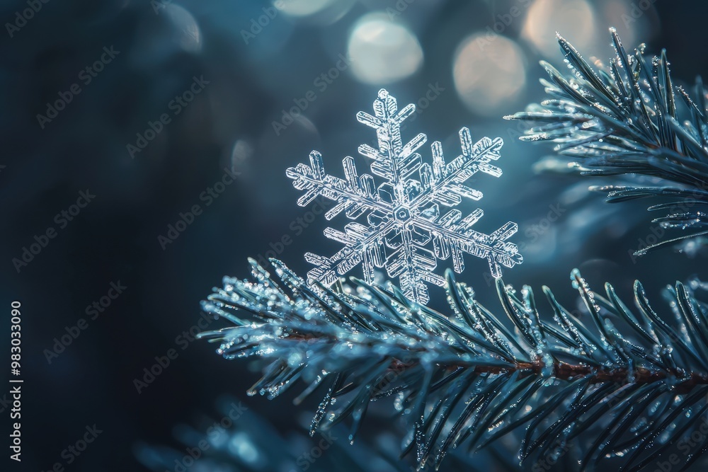 Poster intricate details of a snowflake on pine branch with soft blurred background for winter designs