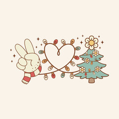 cute illustration of Christmas retro style with a Christmas tree and a heart and a hand in sign of love and peace