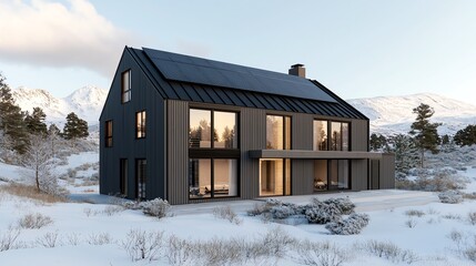 Modern house in snowy landscape, featuring sleek design and large windows, surrounded by serene nature and mountains.