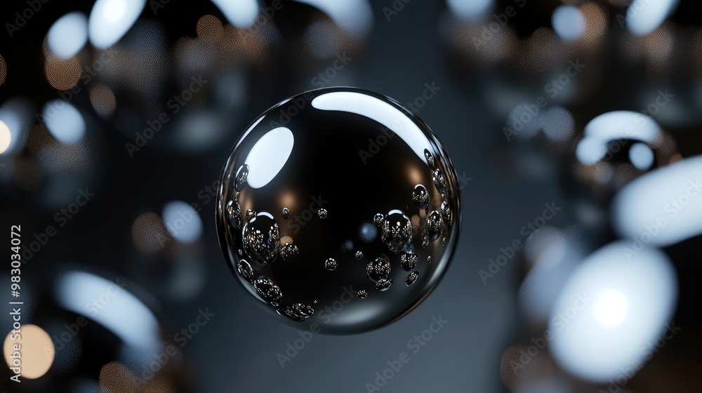 Poster floating metallic 3d spheres, reflecting light and casting shadows in space.