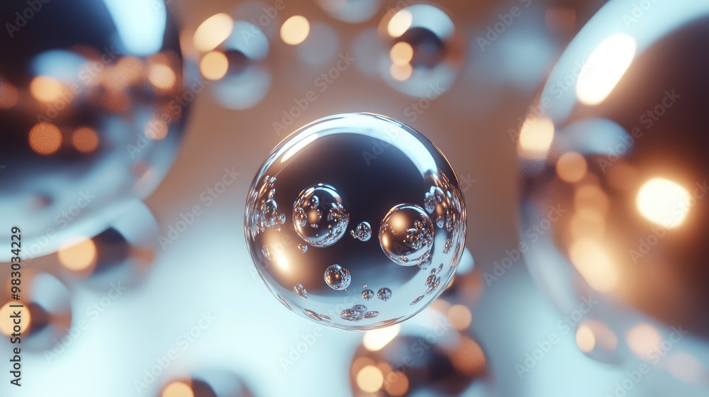 Poster floating metallic 3d spheres, reflecting light and casting shadows in space.