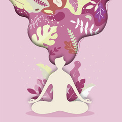 Papercut Meditation Scene with Woman Surrounded by Lush Greenery in Soft Pink Tones - Unity with Nature and Tranquility